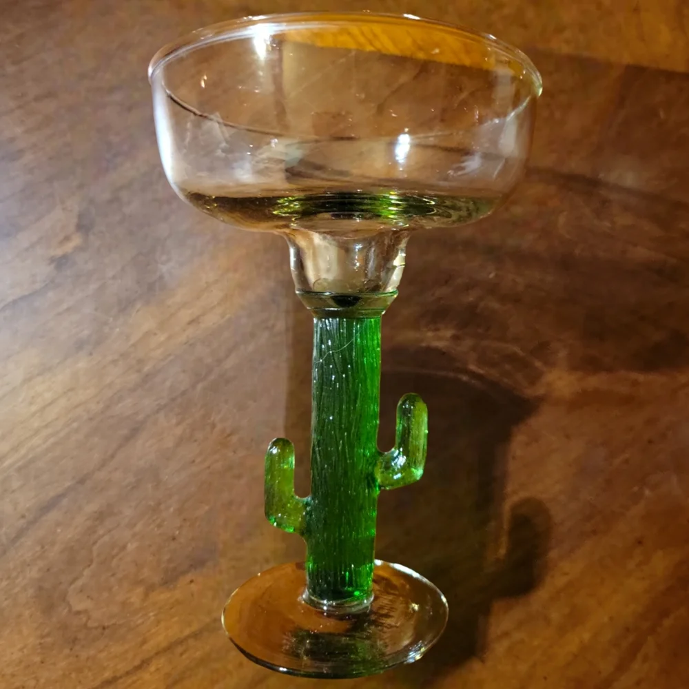 1 Mexican Hand Blown Margarita Glass Desert Green Saguaro Cactus